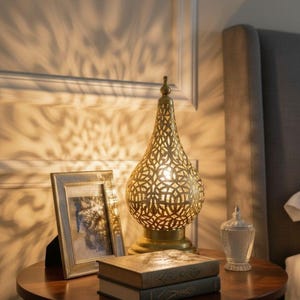 Traditional Moroccan brass nightstand lamp, ideal for ethnic and artisan home decor