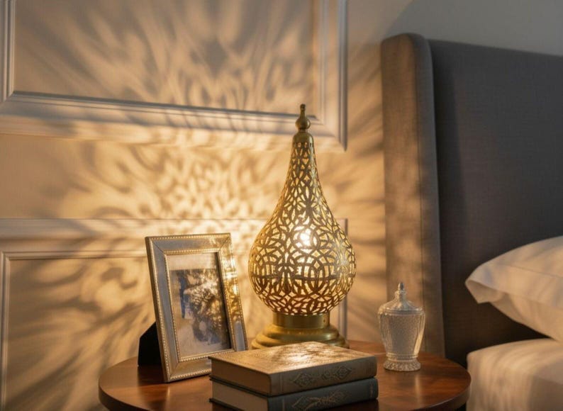 Traditional Moroccan brass nightstand lamp, ideal for ethnic and artisan home decor