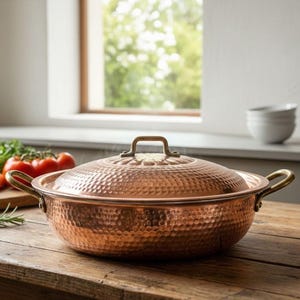 Handmade Hammered Copper Stew Pot, Tin-Lined Moroccan Casserole