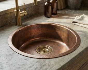 Hand Hammered Copper Drop In Sink – Antique Patina Living Finish – Antimicrobial Farmhouse Bathroom Basin