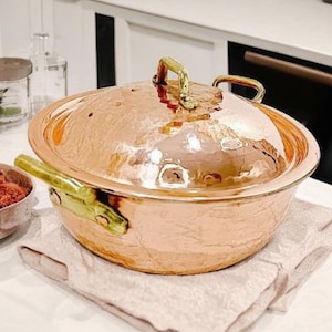 Handmade Hammered Copper Cooking Pot, Tin-Lined Stew Pot with Brass Handles, Rustic Kitchen Decor