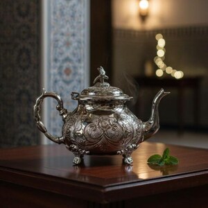 Handgefertigte Messing Versilberte Marokkanische Teekanne: Arabisches Design