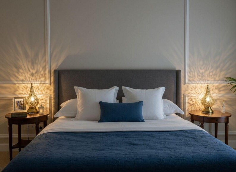 Bohemian-style Moroccan lamp made of solid brass for rustic bedroom lighting.