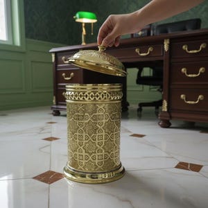 Handmade Engraved Brass Trash Bin with Lid | Moroccan Arabic Metal Waste Basket