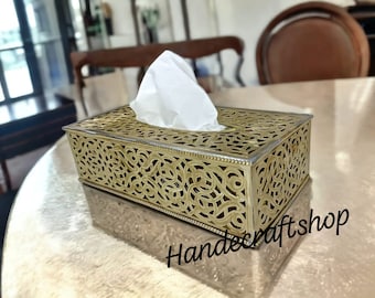 Handmade Moroccan rectangular engraved decorative brass tissue box 2023