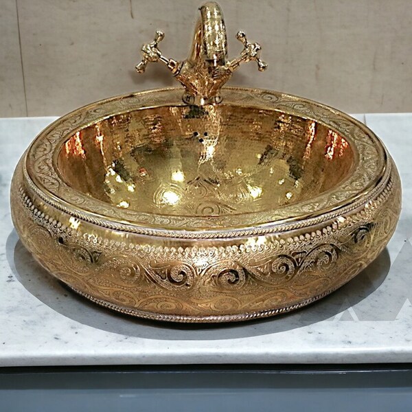 Brass Moroccan sink hammered gold color round+With a free gift faucet/ handmade , moroccan bathroom decor , brass sink