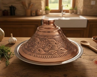 Handmade Moroccan Copper Tagine, Floral Hammered Cookware
