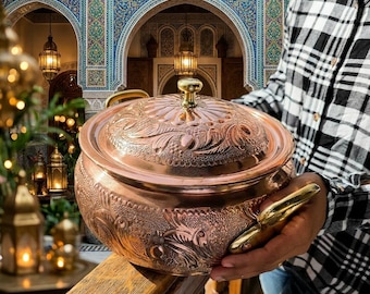 Marokkanischer Kupfertopf mit Gravur, handgefertigter Messingkochtopf, traditionelle marokkanische Küchendekoration, handwerkliches Kupferkochgeschirr, Riad-Stil Geschenk