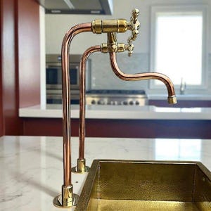 Copper Brass Bridge Faucet, Unlacquered Brass Vintage Kitchen Tap | Farmhouse Sink Industrial Faucet | Handmade Solid Brass Tap Deck Mount