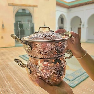 Handgefertigter marokkanischer Kupfer Couscoussier - graviertes traditionelles Dampfertopf-Set