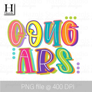 Cougars Mascot png, Cougars png Sublimation, Stacked Colorful Preppy Hand Drawn Doodle Letters, Cougars Cheer Football png