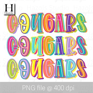Cougars Maskottchen png, Cougars png Sublimation, gestapelte bunte adrette handgezeichnete Doodle-Buchstaben, Cougars jubeln Fußball png