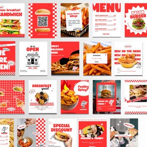 レストラン、ピザ店、ハンバーガー店、ダイナー向けの、赤を基調としたレトロなInstagramテンプレート