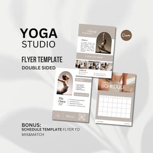May include: A yoga studio flyer template with a double-sided design. The design includes the text "YOGA STUDIO" and "FLYER TEMPLATE". The flyer features images of yoga poses and a schedule template. The color scheme is neutral with beige and white tones.