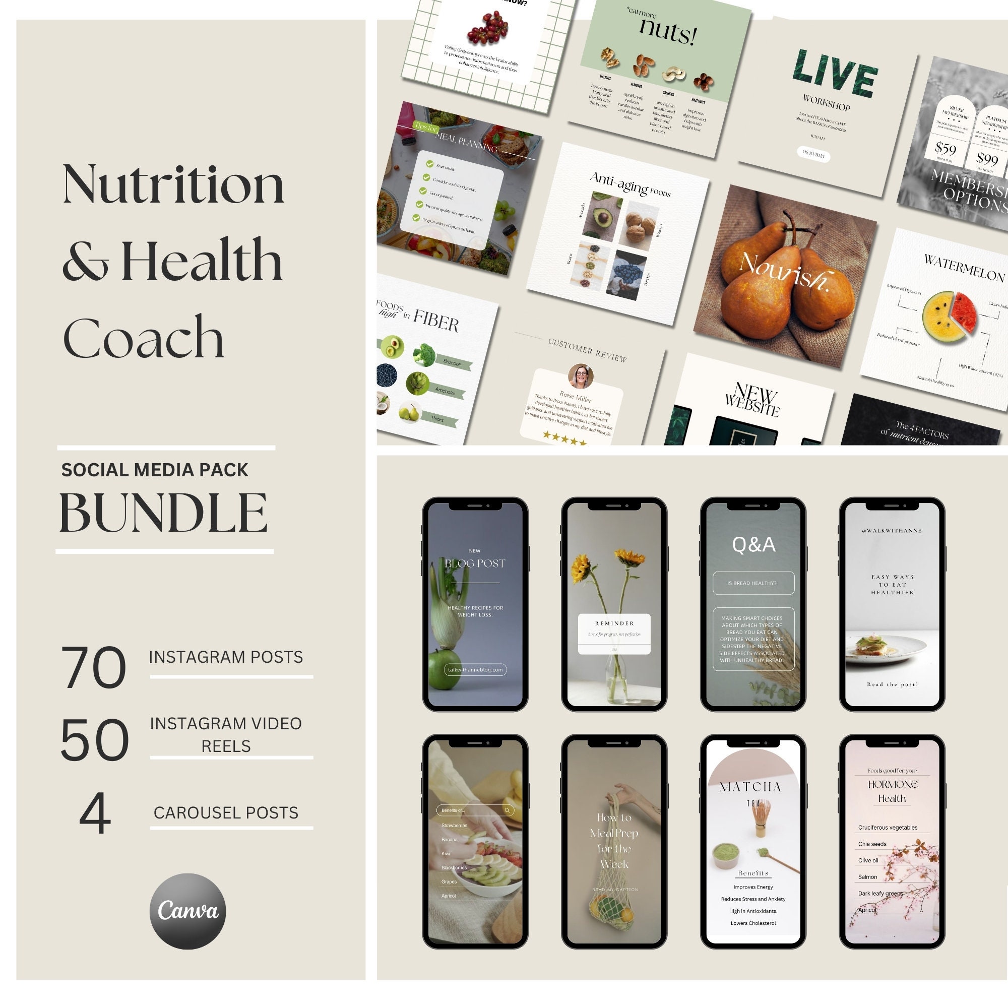 Nutrition Coach Instagram Post and Reels Bundle Template Canva ...
