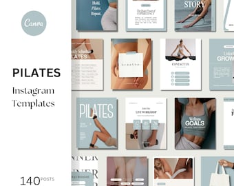 Pilates Instagram Templates: Customizable Social Media Content Blue and White (Canva, 140 Posts)