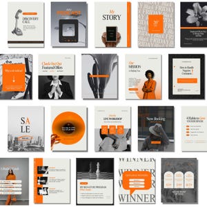 Op de afbeelding: Een verzameling promotionele afbeeldingen met een consistent ontwerp. De afbeeldingen bevatten tekst in oranje en zwart, met een neutrale achtergrond. Onderwerpen zijn onder meer podcasts, workshops, verkopen en business coaching. Het algemene thema is modern en professioneel.