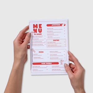 May include: A white restaurant menu with red text and graphics, featuring sections for Appetizer, Pastas, Pizza, and Main Dishes. The menu lists various food items with prices, including Burrata & Tomato Bruschetta, Spicy Shrimp Linguine, and Margherita.