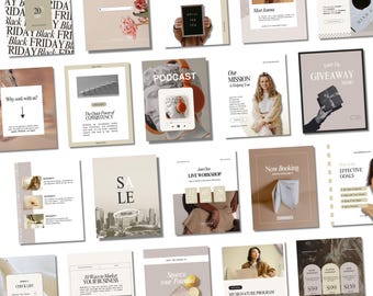 Könnte beinhalten: Eine Sammlung digitaler Marketingmaterialien, darunter Flyer und Broschüren, mit Texten wie "My Story", "Podcast" und "Sale". Die Designs weisen eine neutrale Farbpalette mit floralen und architektonischen Elementen auf.
