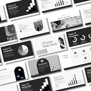 May include: A collection of grayscale presentation slides with various infographic elements. The slides feature charts, graphs, and text, including "Name of Infographic," "eCourse Slide Deck," and "Welcome!" The overall design is clean and modern.