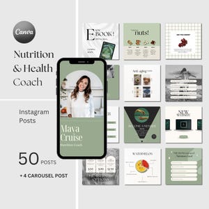 Instagram-sjablonen voor voedingscoach: Canva-posts over gezondheid en welzijn (digitale download)