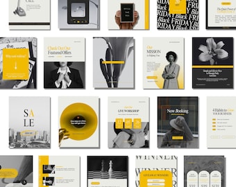 May include: A collection of promotional graphic designs with a consistent color scheme of black, white, and yellow. The designs feature text and images promoting various services, including podcasts, workshops, and membership options.