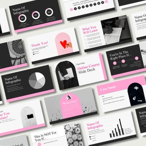 May include: A collection of presentation slides with a consistent design. The slides feature a black, white, and pink color scheme. Some slides include charts, graphs, and infographics. Text includes "Name Of Infographic", "Thank You!", and "Welcome!"