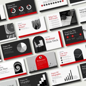 May include: A collection of presentation slides with a black, white, and red color scheme. The slides feature infographics, charts, and text, including "Webinar Slide Deck" and "Welcome!" The layout is modern and professional.