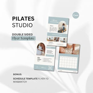 Puede incluir: Plantilla de folleto para un estudio de Pilates con un esquema de color azul claro y blanco. El diseño incluye el texto "PILATES STUDIO" y "DOUBLE SIDED Flyer Template". Folletos adicionales muestran servicios, un horario y el texto "Why Choose Us?"