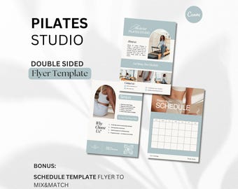 May include: A Pilates Studio flyer template with a light blue and white color scheme. The design includes the text "PILATES STUDIO" and "DOUBLE SIDED Flyer Template". Additional flyers showcase services, a schedule, and the text "Why Choose Us?"