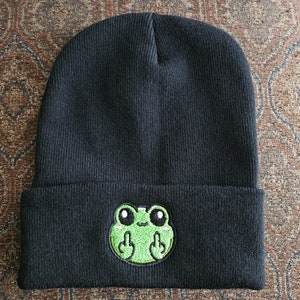 black beanie embroidered rude frog, adult unisex cuffed knit beanies, Cute gift for Froggie lovers, Middle finger beanie, sarcastic beanie