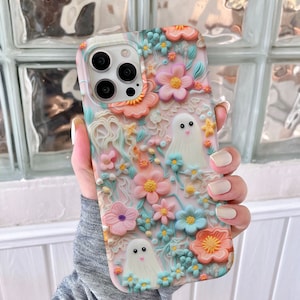 Halloween 3d look pink pastel clay ghost floral cute flower Iphone case for 16 15 14 13, Samsung Galaxy S25 S24 s23 s22, Google Pixel 9 8 7