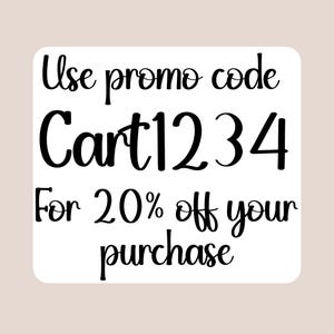 以下が含まれることがあります： 白の長方形グラフィック。黒い文字で「Use promo code Cart1234 For 20% off your purchase」と書かれています。背景は薄いベージュ色で、手書き風のテキストです。
