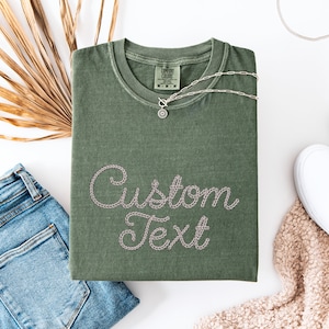 Custom words large cursive embroidery shirt, personalized handstitch look t-shirt, chainstitch custom text tee, comfort color shirt,