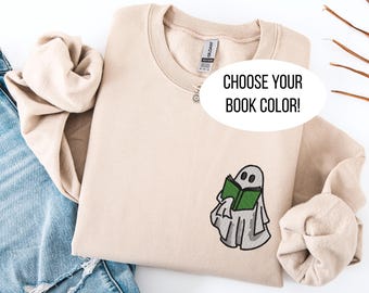 Embroidered Ghost Sweatshirt: Halloween Book Reader Hoodie