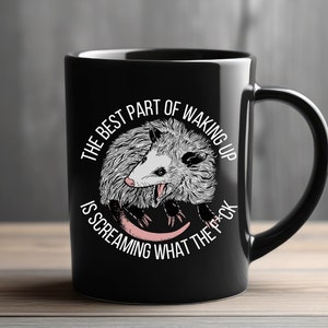 Opossum ceramic black mug, screaming possum gifts for opossum lovers, trashcore mug, Angry possum coffee cup,