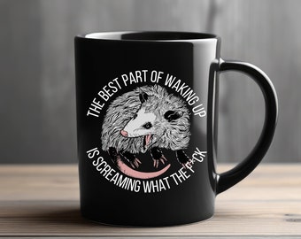 Opossum ceramic black mug, screaming possum gifts for opossum lovers, trashcore mug, Angry possum coffee cup,