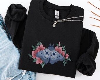 Embroidered Moth Sweatshirt: Floral Moon Design, Naturecore Pullover