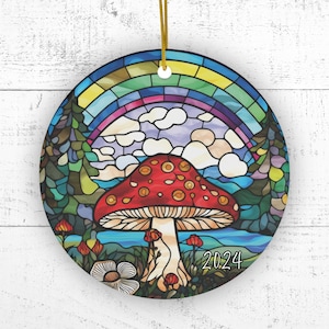 Colorful christmas 2024 ornament mushroom lover gift fungi keepsake present for friends family tree decor faux stained glass custom