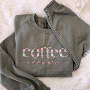 Cute floral coffee lover embroidered sweater, Flower lettering espresso lovers hoodie, gift for barista, preppy crewneck, pink sweater