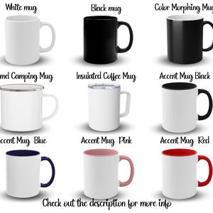 Puede incluir: Una colecci&oacute;n de tazas de cer&aacute;mica en varios estilos y colores. Incluye una taza blanca, una taza negra, una taza que cambia de color, una taza de camping de esmalte, una taza de caf&eacute; aislada y tazas de acento con interiores y asas de colores. Texto: Check out the description for more info.