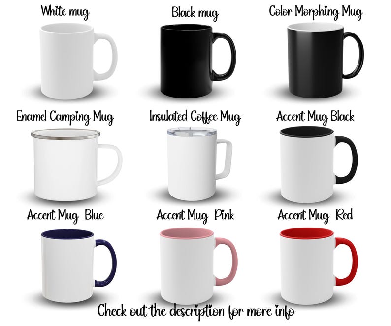 Puede incluir: Una colecci&oacute;n de tazas de cer&aacute;mica en varios estilos y colores. Incluye una taza blanca, una taza negra, una taza que cambia de color, una taza de camping de esmalte, una taza de caf&eacute; aislada y tazas de acento con interiores y asas de colores. Texto: Check out the description for more info.