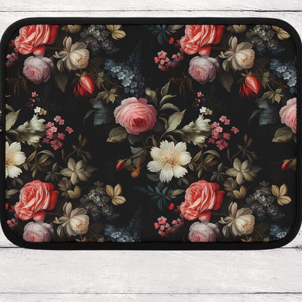 Dark botanical flower laptop sleeve, Pink and black cottagecore Floral vintage wallpaper style, Sleeve sizes 7, 10, 13, 15, 17 inch