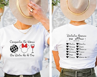 Camiseta "Conquistando o Mundo com uma Bebida de Cada Vez", Camiseta "Bebendo ao Redor do Mundo", Camiseta "Epcot", Camiseta "Festival de Comida e Vinho", Camiseta "Vinho da Disney"