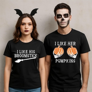I Like His Broomstick I Like Her Pumpkins Shirt, Couple Matching Halloween Shirt,Funny Matching Halloween T-Shirt,Couple Halloween Party Tee