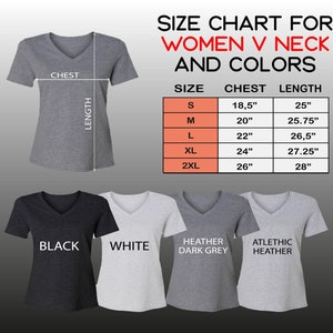 May include: Size chart for women's V-neck shirts in black, white, heather dark grey, and athletic heather. The chart shows sizes S, M, L, XL, and 2XL with corresponding chest and length measurements in inches.