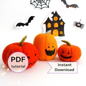 Felt Halloween orange pumpkins hand sewing PDF tutorial with patterns. DIY Halloween decoration. Halloween felt crafts