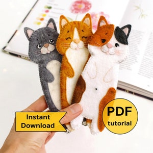 Marcapáginas de gatos de fieltro (tutorial en PDF con patrones para coser a mano). Regalo para amantes de los libros y las mascotas. Marcapáginas con letras DIY. Regalo de material escolar.