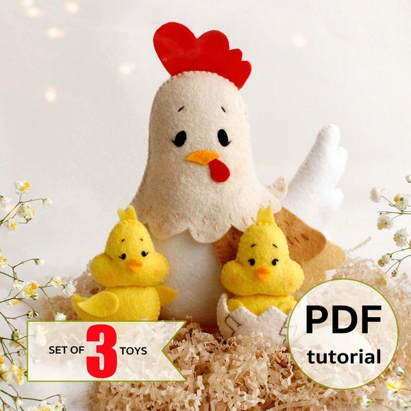 Felt Easter mama chicken with chicks in the eggshell sewing PDF tutorial with patterns. DIY Easter crafts. Felt Easter table decor