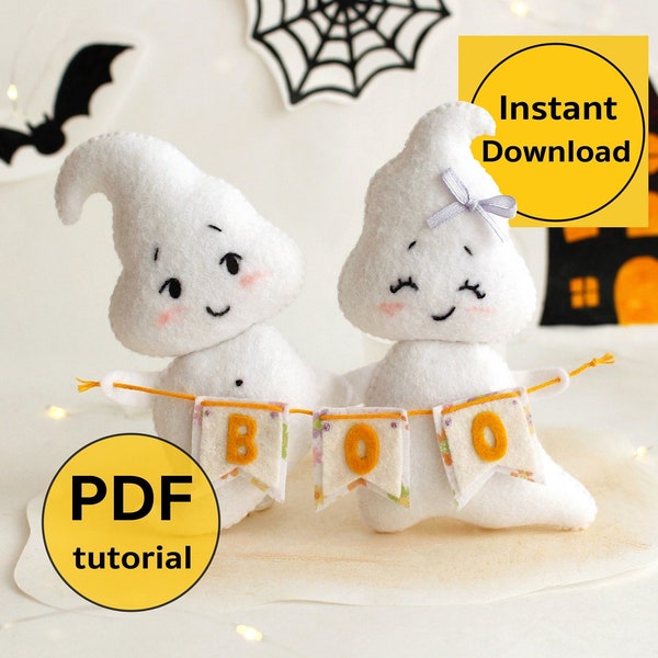 Felt ghosts boy and girl with BOO garland hand sewing PDF tutorial with patterns. DIY Halloween spooky decoration. Halloween felt crafts.